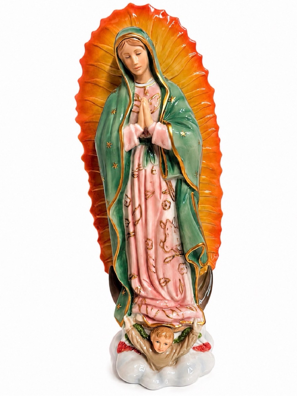Our Lady of Guadalupe Ceramic Statue - Green & Pink